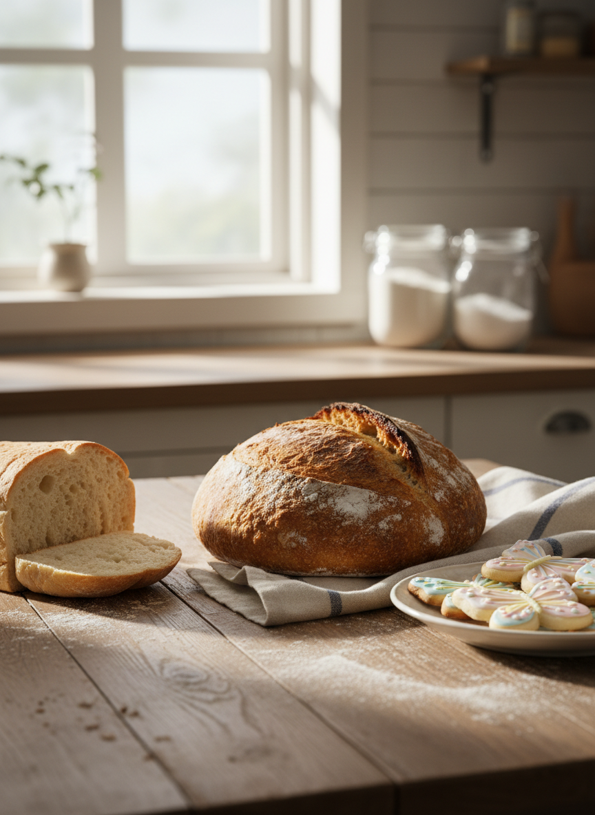 A rustic wooden farmhouse table covered with an assortment of artisanal baked goods: a deeply golden sourdough loaf with a crackly, blistered crust, a plate of pastel royal-iced butterfly cookies, and a small stack of soft sandwich bread slices showing an airy, open crumb. The table sits near a bright kitchen window, with soft morning sunlight spilling across flour-dusted boards and a folded striped tea towel. In the blurred background, glass jars of flour and sugar add homely charm. Photographic realism, shot at eye level with a shallow depth of field, creating a cozy, inviting, playful atmosphere perfect for a home baking business hero image.