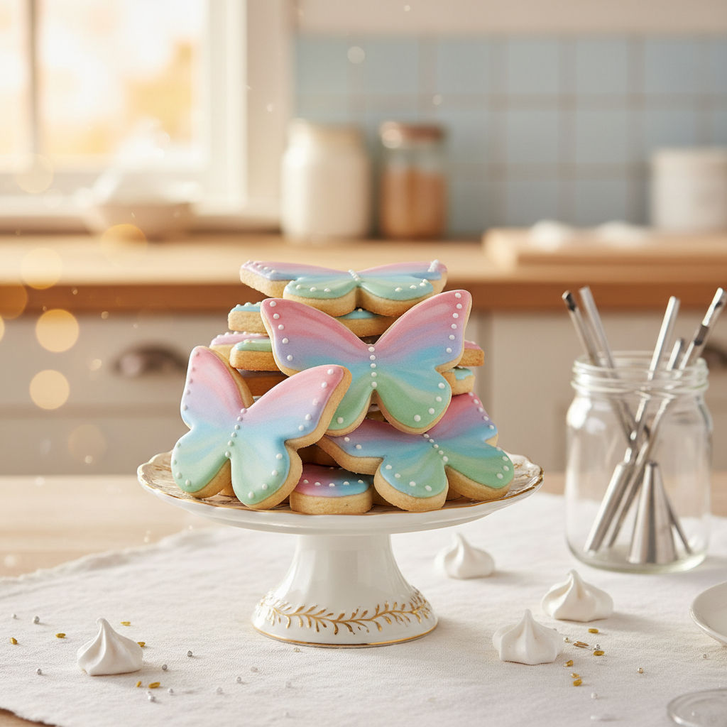 A whimsical, photographic realistic close-up of a small cake stand displaying a tower of butterfly-shaped sugar cookies, each cookie iced with glossy, detailed wings in gradient pastel colors and tiny white polka dots. The stand sits on a white tablecloth sprinkled with edible glitter and a few scattered mini meringues. In the softly blurred background, a light, airy kitchen scene with pale blue accents and a glass jar of piping tips hints at a creative baking space. Golden hour sunlight streaming from a nearby window creates a gentle glow and subtle bokeh, giving the image an enchanting, celebratory mood perfect for showcasing custom cookie artistry.