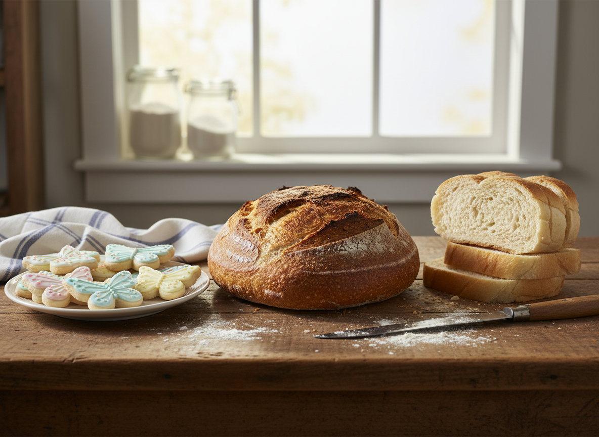 A rustic wooden farmhouse table covered with an assortment of artisanal baked goods: a deeply golden sourdough loaf with a crackly, blistered crust, a plate of pastel royal-iced butterfly cookies, and a small stack of soft sandwich bread slices showing an airy, open crumb. The table sits near a bright kitchen window, with soft morning sunlight spilling across flour-dusted boards and a folded striped tea towel. In the blurred background, glass jars of flour and sugar add homely charm. Photographic realism, shot at eye level with a shallow depth of field, creating a cozy, inviting, playful atmosphere perfect for a home baking business hero image.
