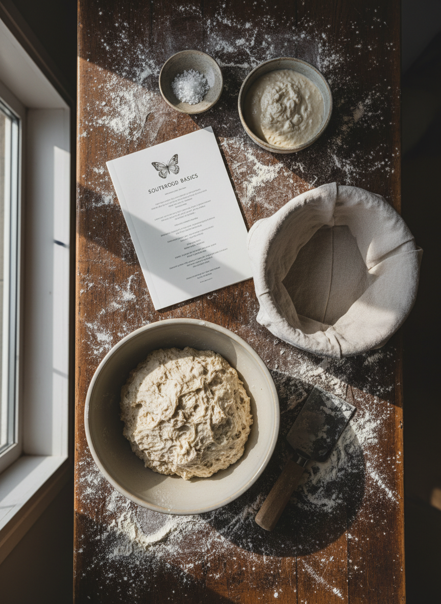 An overhead, photographic realistic view of a baking workstation set up for a sourdough class: a well-worn wooden workbench dusted with flour, a large mixing bowl filled with shaggy dough, a bench scraper, a linen-lined proofing basket, and a printed recipe booklet labeled "Butterfly Bakes Sourdough Basics". Small ceramic bowls of salt and bubbly starter add texture and detail. Soft, diffused window light from one side creates gentle shadows that emphasize the contours of the tools and dough. The composition follows the rule of thirds, with an inviting, slightly messy, hands-on atmosphere that feels playful yet clearly instructional.