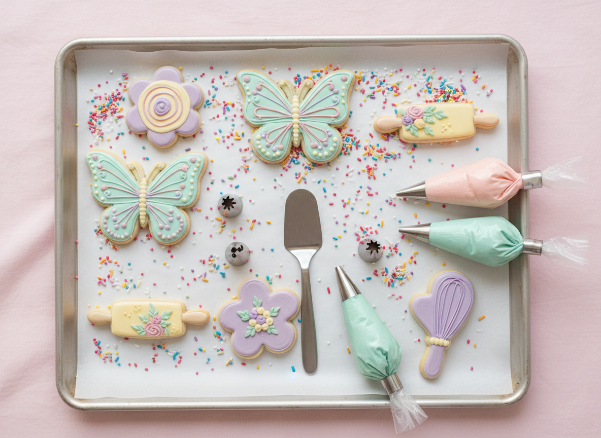 A playful flat-lay composition of custom decorated sugar cookies shaped like butterflies, flowers, and baking tools, each iced with intricate pastel royal icing designs in mint, blush, lavender, and buttercream yellow. The cookies are arranged on a white parchment-lined baking sheet atop a pale pink background, surrounded by scattered rainbow sprinkles, piping bags with metal tips, and a small offset spatula. Soft studio lighting from above creates minimal shadows and bright, true colors. Photographic realism with crisp focus across the entire frame, conveying a fun, whimsical mood that highlights the custom cookie side of the business.