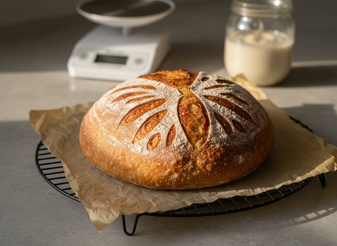 A close-up, photographic realistic shot of a beautifully scored sourdough boule resting on a cooling rack, its crust a rich gradient of amber and chestnut with delicate flour patterns resembling butterfly wings. The loaf sits on parchment atop a light stone countertop, with a jar of bubbly sourdough starter and a digital kitchen scale softly blurred behind it. Late afternoon natural light from the side creates gentle highlights and deep, warm shadows in the crust’s texture. Captured from a slightly elevated angle with a shallow depth of field, the composition feels artisan, approachable, and quietly celebratory of homemade bread.